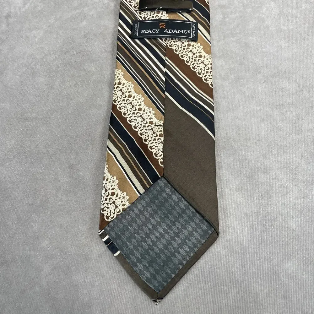Vtg Stacy Adams Black Brown Beige Artsy Handmade 100% Silk Tie Art Deco Style
